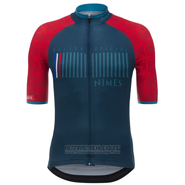 2017 Fahrradbekleidung Nimes Vuelta Espana Blau und Rot Trikot Kurzarm und Tragerhose